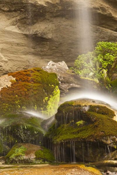 New Zealand, Paparoa NP Waterfall striking rocks